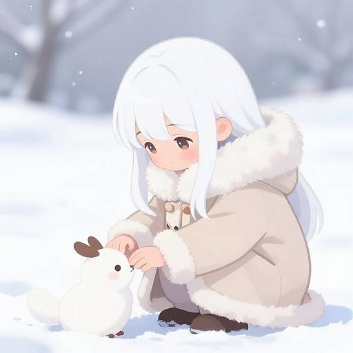 Digital anime-style drawing of a blushing girl with long white hair, wearing a beige fur-lined coat, building a small snowman in a snowy forest
