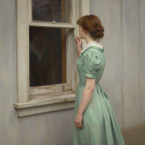 Photograph of a red-haired woman in a vintage green dress with puffed sleeves, gazing out of a worn, white-framed window.