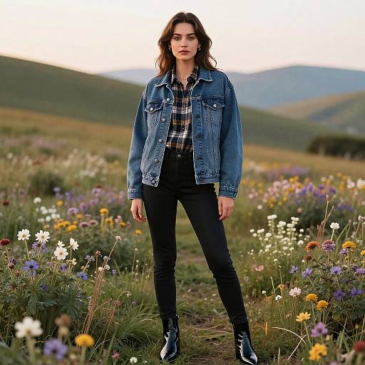 Photograph of a young woman with wavy brown hair, wearing a blue denim jacket, plaid shirt, black jeans, and boots, standing in