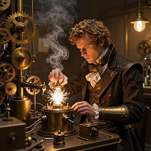 Photograph of a curly-haired man in a Victorian-style black suit, holding a sparking metal device, surrounded by brass gears and steam in a dimly