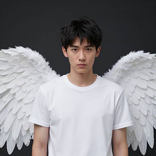 Photograph of an East Asian teenage boy with black hair, wearing a white t-shirt, and large white feather wings against a dark background.