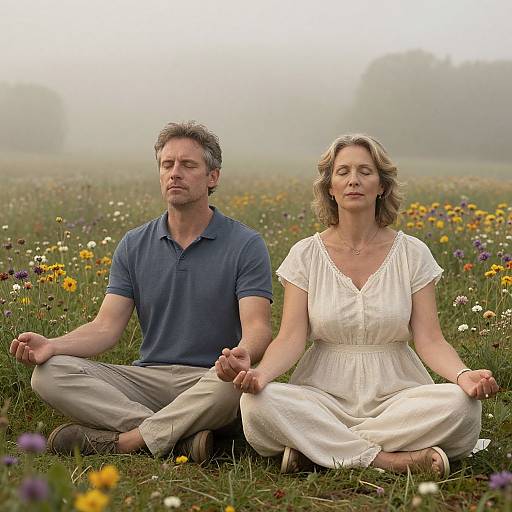 Mature Couple Meditating in Misty Flower Field