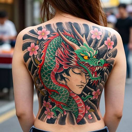 Photograph of a woman's back featuring a vibrant, intricate tattoo of a green and red dragon with pink cherry blossoms, wrapping around her upper back