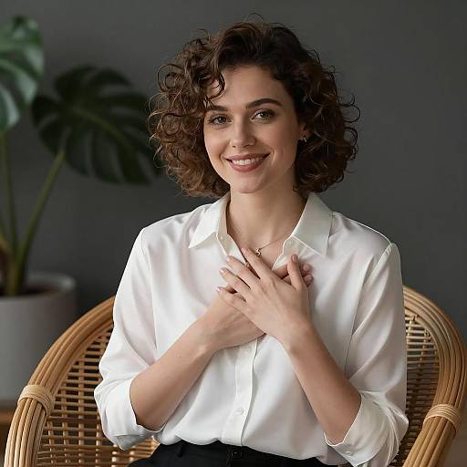 Smiling Woman in Elegant Wicker Chair