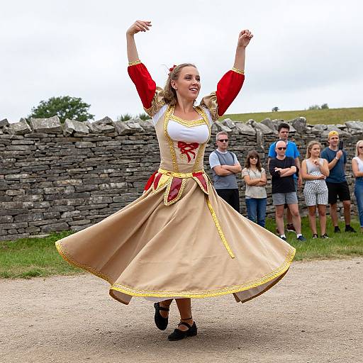 Photograph of a smiling woman in a red and beige traditional dress with gold trim, dancing joyfully on a gravel path, in front of a stone