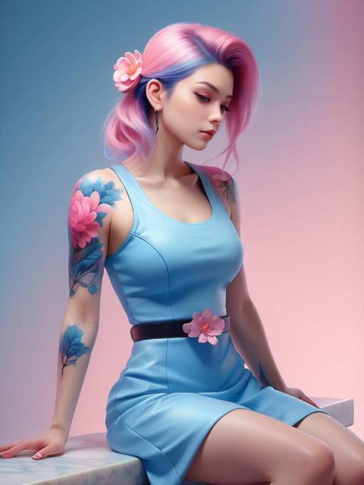 Woman with Floral Tattoo on Marble Bench