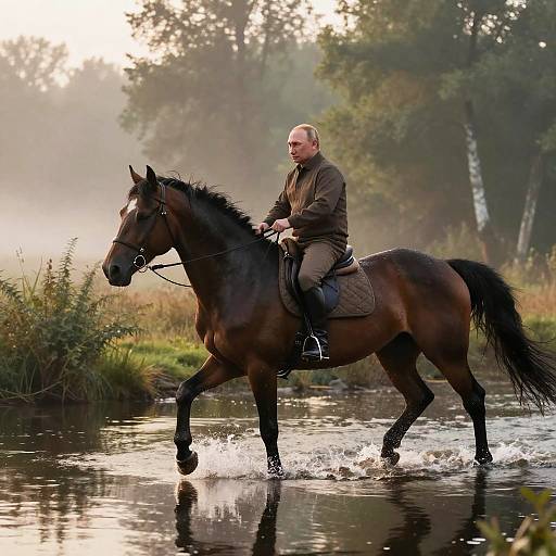 Putin Riding Horse Through Misty Forest