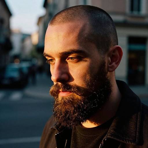 Photograph of a serious, bearded man with a shaved head, illuminated by golden sunlight, standing on a blurred urban street.