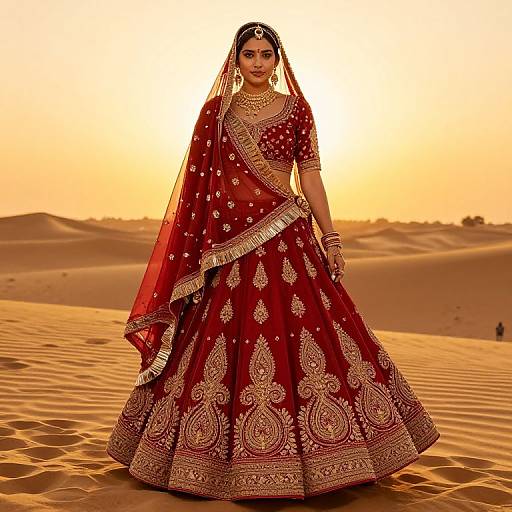 Photograph of a South Asian bride in a red, gold-embroidered lehenga, standing in a desert at sunset, with dunes in