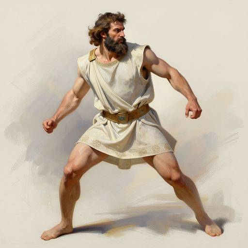 Digital painting of a muscular, bearded man in a white, ancient Greek-style tunic with a brown belt, standing in a fighting stance against a