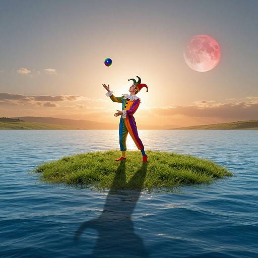 Digital art: Clown in colorful jester outfit balances ball on island in serene lake at sunset, large pink moon in sky.