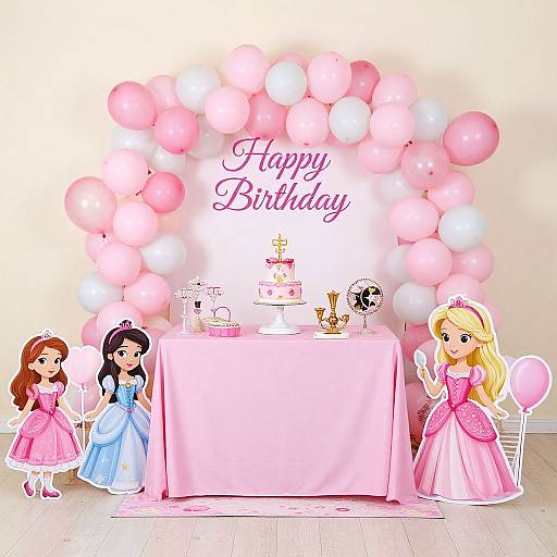 Digital illustration of a pink-themed birthday setup with three princess dolls, balloon arch, cake, and 