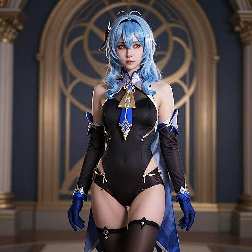 Digital art of a blue-haired anime woman in a black, high-cut bodysuit with blue accents, golden ribbon, and thigh-high stockings. Elegant