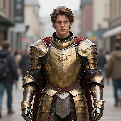 Young Man in Medieval Armor with Red Cape