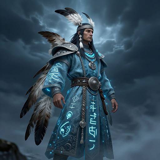 Digital artwork of a Native American warrior in a glowing blue, feathered, and adorned robe, standing under a stormy, lightning-filled sky.