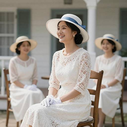 Laughing Woman in White Lace Dress