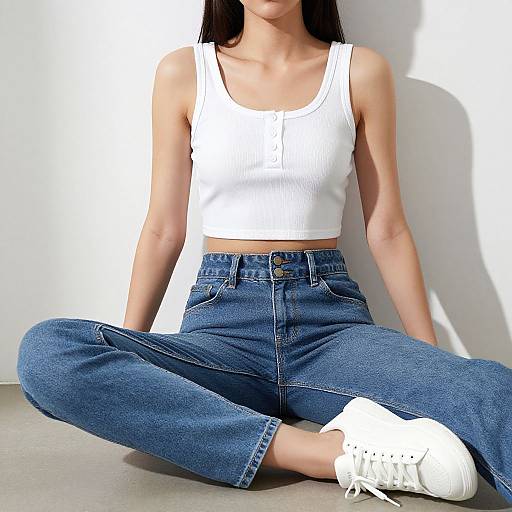 Photograph of a woman with long dark hair, wearing a white ribbed tank top, high-waisted blue denim jeans, and white sneakers,