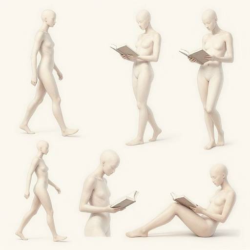 CGI image of a nude, bald, androgynous figure in six poses, standing and sitting, holding a tablet against a white background.