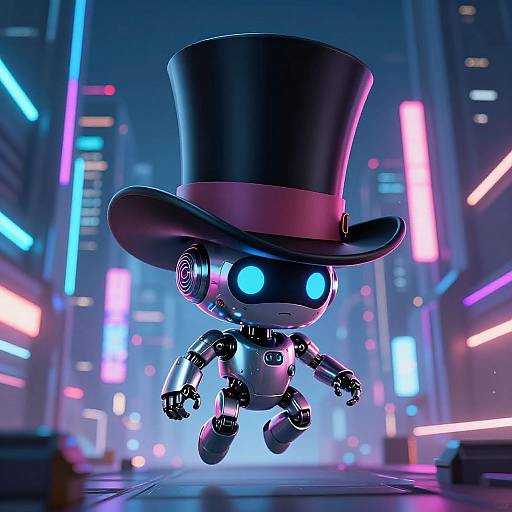 Neon-lit cyber city: Chibi robot with glowing blue eyes, metallic limbs, and oversized black top hat, floats mid-air. Bright pink