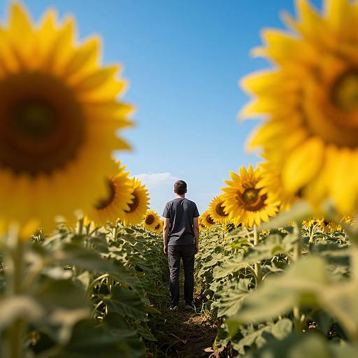 Photograph of a man in a black shirt and pants, standing in a sunflower field, surrounded by vibrant yellow sunflowers under a clear blue sky
