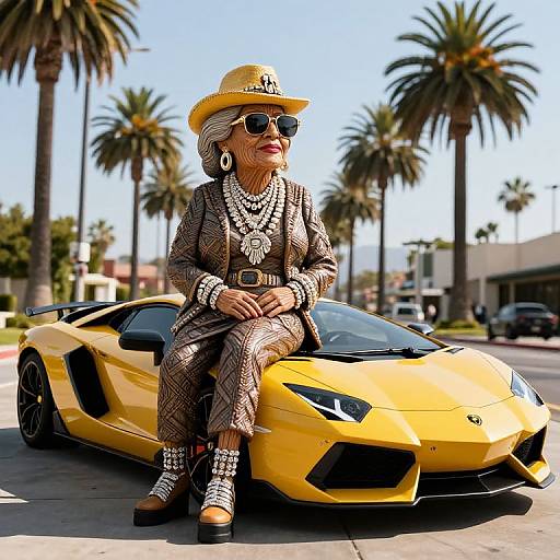 Photorealistic image of an elderly woman with gray hair, sunglasses, and gold patterned outfit, sitting on a yellow Lamborghini, palm trees in