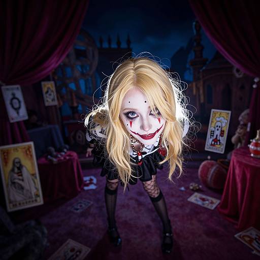 Digital artwork of a pale, blonde woman with white face paint and black spots, wearing a black schoolgirl outfit, leaning forward in a dimly lit