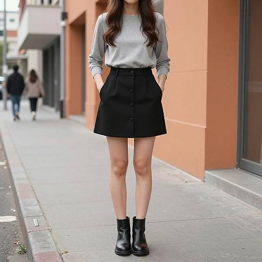 Young Woman in Black Skirt on Urban Sidewalk