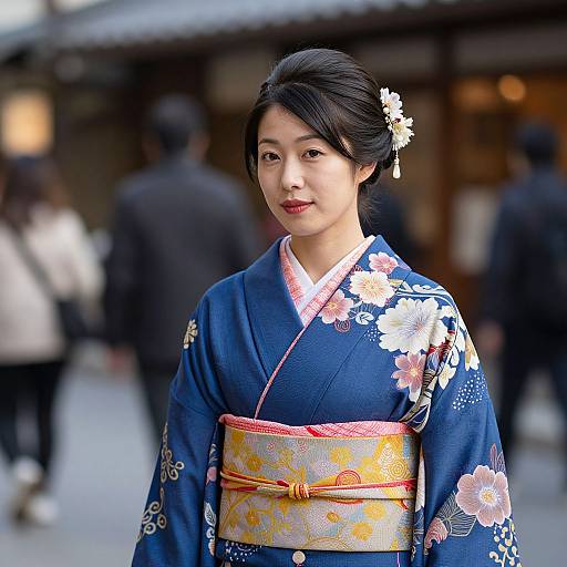 Photograph of an Asian woman in a blue floral kimono with a yellow patterned obi, black hair styled up with a white flower, standing