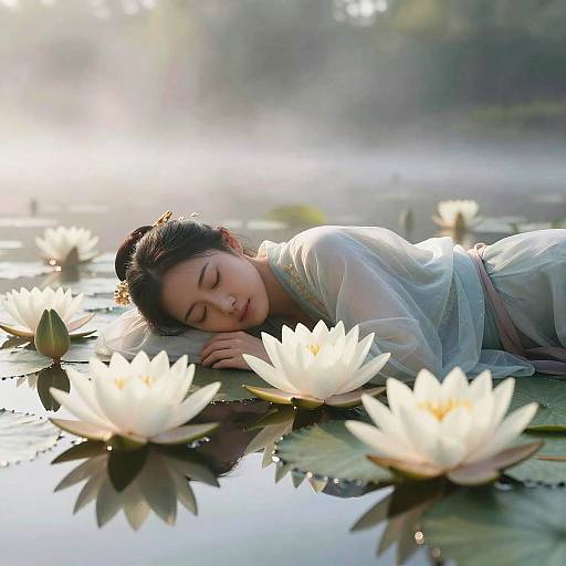 Photograph of an Asian woman with closed eyes, lying peacefully in a serene lake, surrounded by white lotus flowers, wearing a translucent, light blue