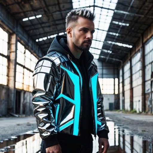 Man in futuristic reflective jacket in warehouse