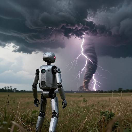 Futuristic Android in Stormy Field