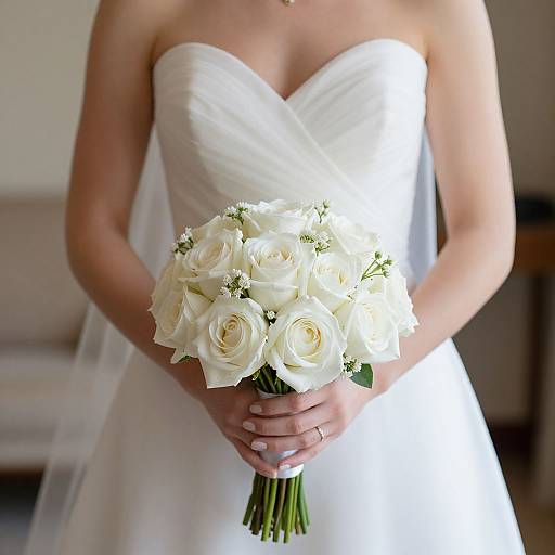 Photograph of a bride in a strapless white gown holding a bouquet of white roses and small white flowers.
