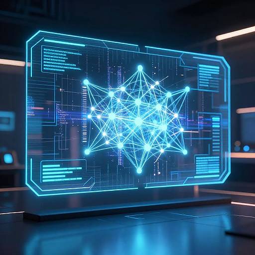 Photograph of a futuristic digital display showing a glowing blue, star-like network graph on a dark, sleek, modern background.