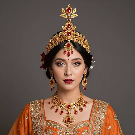 Photograph of an Asian woman with dark hair, wearing an ornate gold and red headpiece, matching jewelry, and an orange embroidered saree,