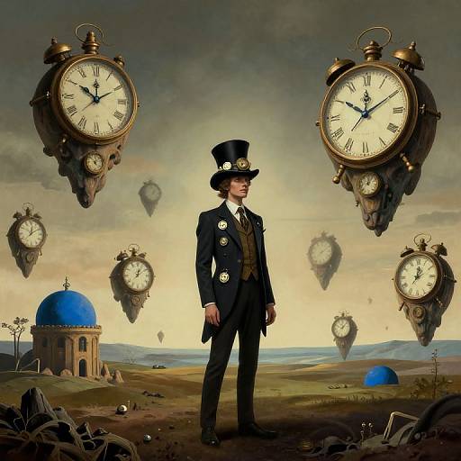 Digital illustration: A Victorian man in a top hat and black suit stands in a surreal landscape with floating clocks, blue domes, and a cloudy sky