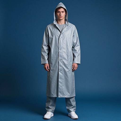 Photograph of a young man standing against a blue background, wearing a silver, hooded, raincoat with matching pants and white sneakers.
