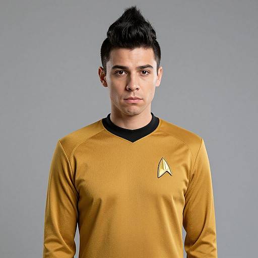 Photograph of a young man with short black hair, wearing a mustard-yellow Star Trek V-neck shirt with a black collar and triangular Starfleet emblem,