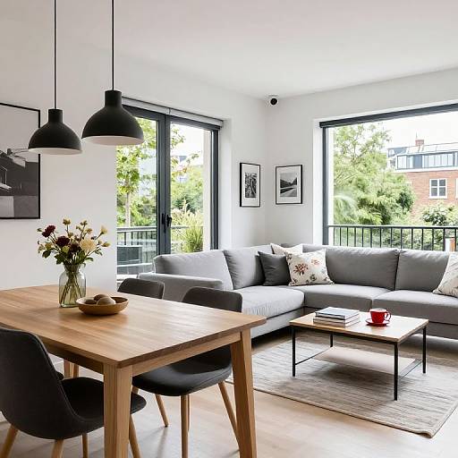 Modern living room photograph: grey sectional sofa, black chairs, wooden dining table, black pendant lights, vase with flowers, large windows, greenery outside