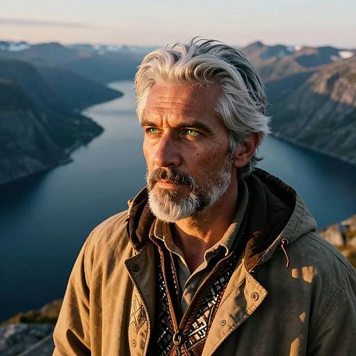 Photograph of a rugged, silver-haired man with a beard, wearing a patterned shirt and green jacket, gazing at a serene lake surrounded by