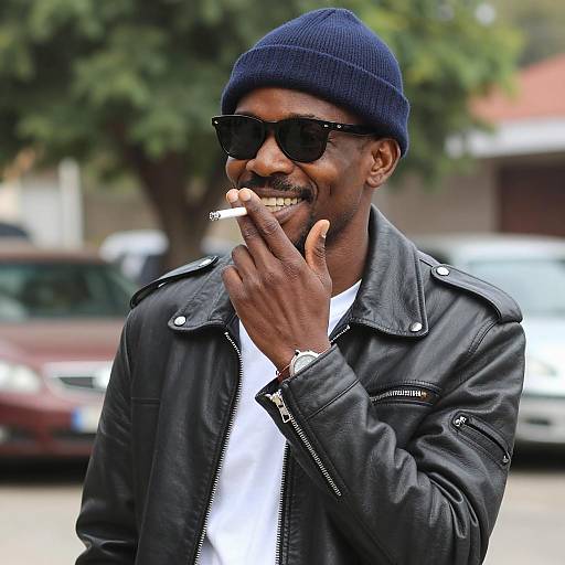 Smiling Man in Leather Jacket Smoking Cigarette