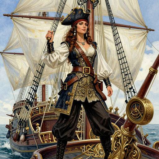 Digital painting of a confident, brown-haired pirate woman in an ornate black and white pirate outfit, standing on a ship's deck with billowing sails