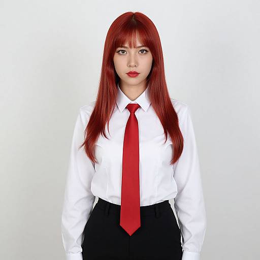 Photorealistic digital image of an Asian woman with long red hair, wearing a white shirt, red tie, and black skirt, standing against a plain
