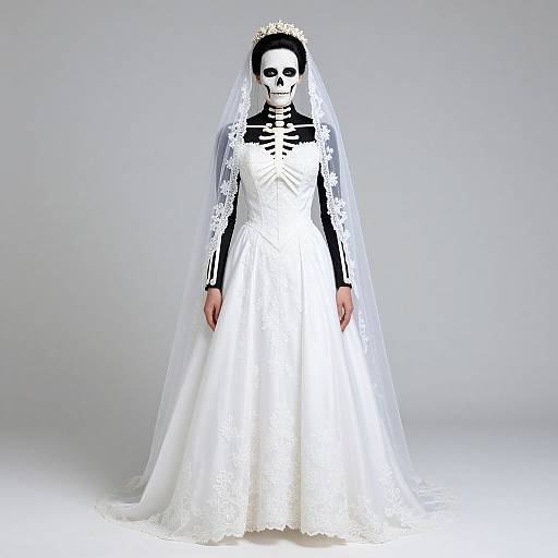 Photograph of a skeleton bride in a white lace wedding dress, long veil, and black straps, standing against a plain gray background.