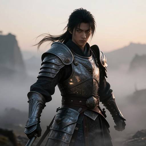 Photorealistic CGI of a fierce, dark-haired warrior in shining, detailed silver armor with intense eyes, standing in misty, mountainous landscape.