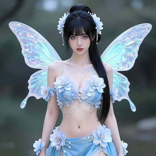 Digital art of a pale-skinned, blue-eyed fairy woman with long black hair, wearing a white floral bra and skirt, and glowing blue butterfly wings