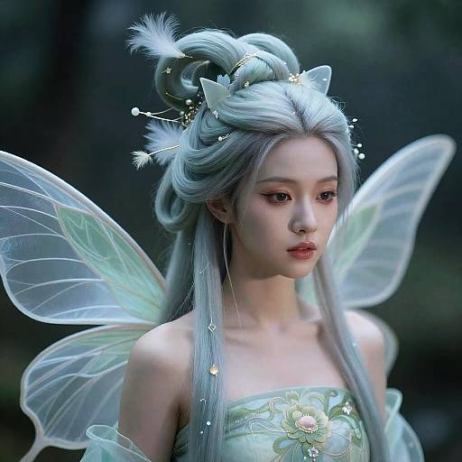 Digital artwork of a serene, ethereal fairy with long, silver hair, translucent wings, and delicate floral crown, wearing a light green, strapless