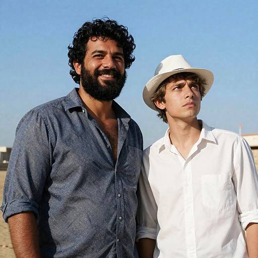 Two Men Posing Outdoors Under Blue Sky