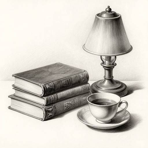 Black-and-white drawing of stacked books, a lamp, and a tea cup on a saucer, creating a classic, vintage study scene.