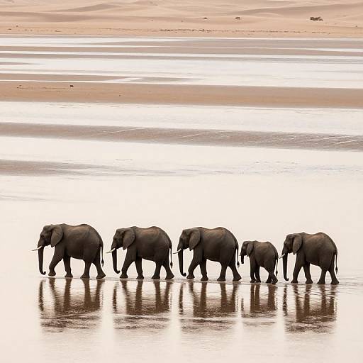 Photograph of five elephants walking in a line along a reflective beach at sunset, with a serene, pink-tinted horizon in the background.