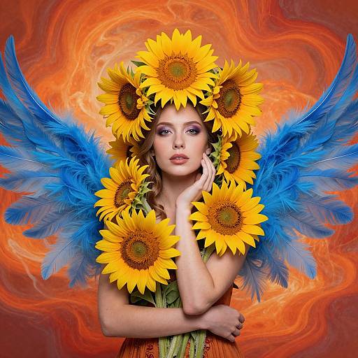 Photograph of a woman with sunflower crown, blue feather wings, against swirling orange background, holding sunflowers, ethereal, vibrant, surreal.